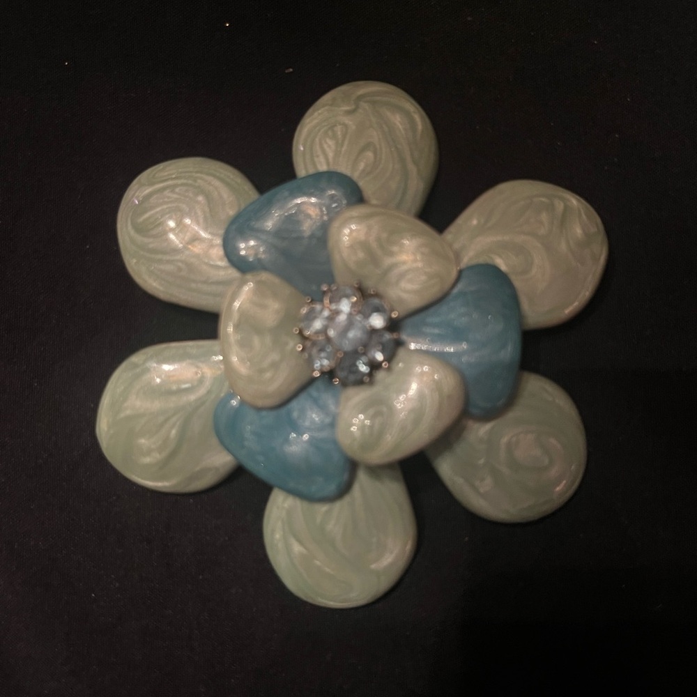 Vintage Large Blue and Green Enamel Flower Brooch with Blue Rhinestones